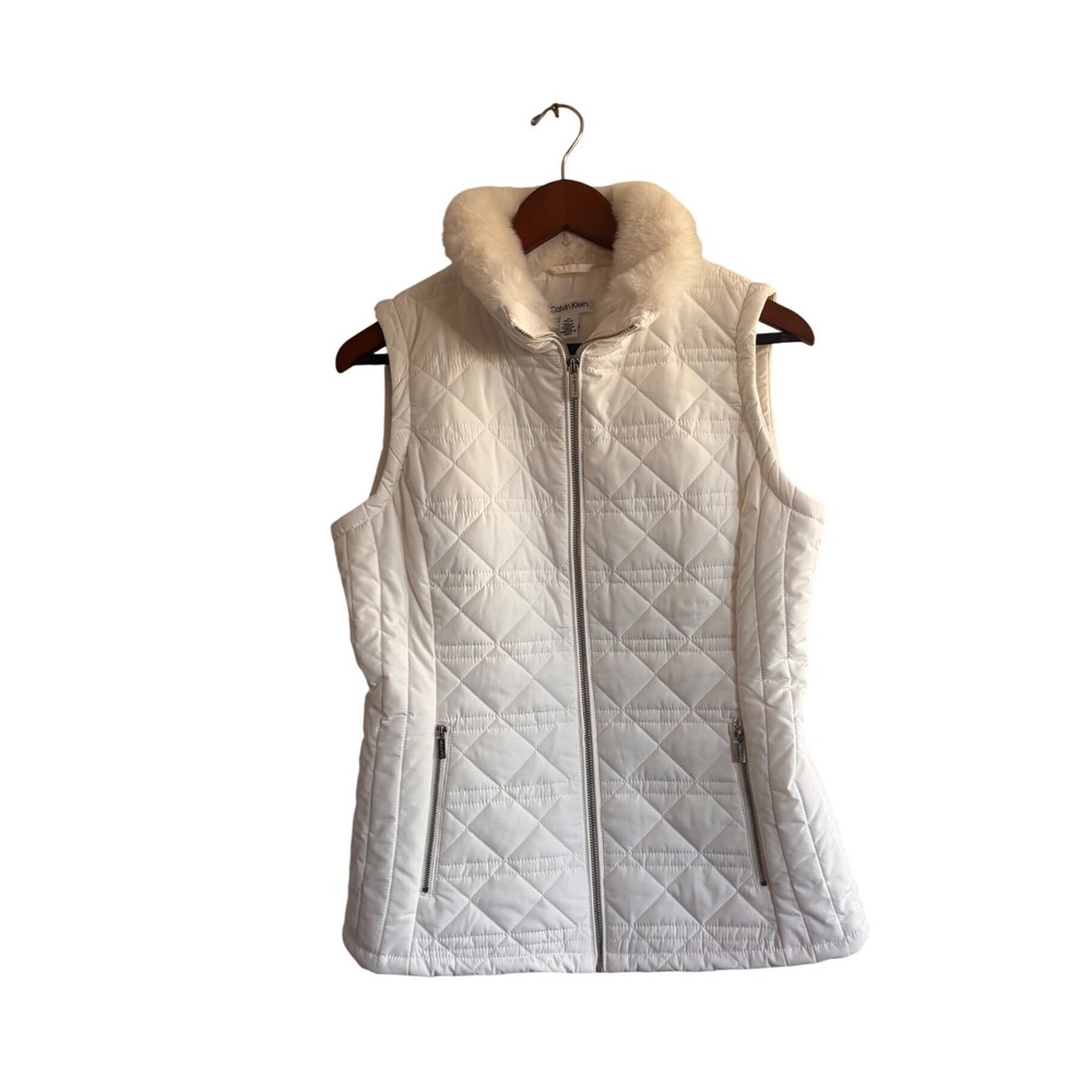 Calvin Klein Womens White Quilted Puffer Vest Faux Fur Collar Small M2XTA418